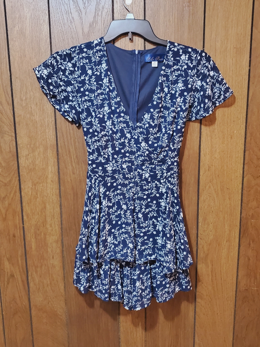 Francesca Blue Rain Chic Floral Romper Flutter Sleeves Tiered Skort Back Tie